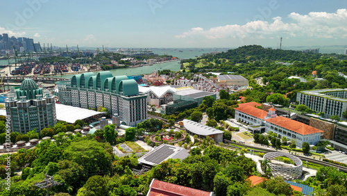 Photography Panoramic aerial view of Sentosa Island from cable car with resorts and attracti