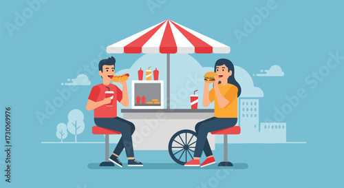 Adobe illustrator artwork vector illustration: Happy couple enjoys hot dogs and pretzels at a street food stand in the city, perfect for urban lifestyle and casual dining themes