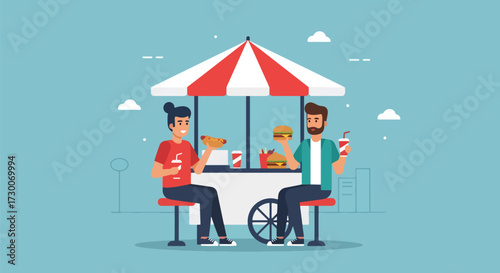 Adobe illustrator artwork vector illustration: Happy couple enjoys hot dogs and pretzels at a street food stand in the city, perfect for urban lifestyle and casual dining themes
