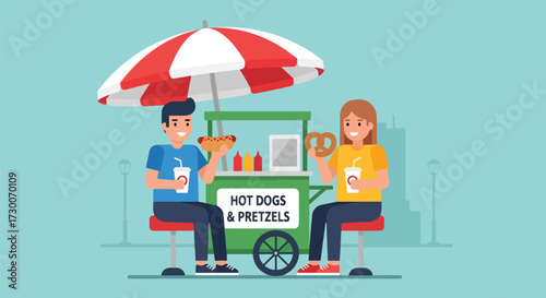 Adobe illustrator artwork vector illustration: Happy couple enjoys hot dogs and pretzels at a street food stand in the city, perfect for urban lifestyle and casual dining themes