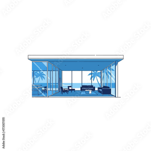 Vector illustration of a modern glass house living room with a panoramic ocean view and palm trees.