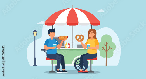 Adobe illustrator artwork vector illustration: Happy couple enjoys hot dogs and pretzels at a street food stand in the city, perfect for urban lifestyle and casual dining themes