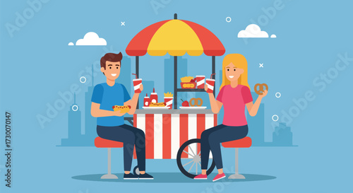 Adobe illustrator artwork vector illustration: Happy couple enjoys hot dogs and pretzels at a street food stand in the city, perfect for urban lifestyle and casual dining themes