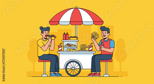 Adobe illustrator artwork vector illustration: Happy couple enjoys hot dogs and pretzels at a street food stand in the city, perfect for urban lifestyle and casual dining themes