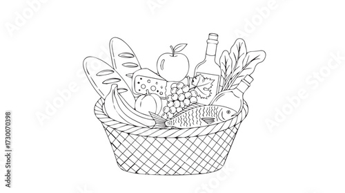 Artistic outline sketch of a gourmet gift basket filled with delicious food items and beverages vector