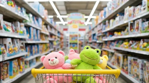 Shopping cart filled with plush toys in a toy store