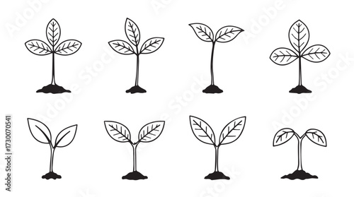 Collection of hand drawn green sprout seedlings growing from soil artistic botanical elements vector