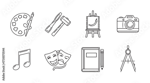 Creative art supplies icons set representing various forms of artistic expression and tools vector