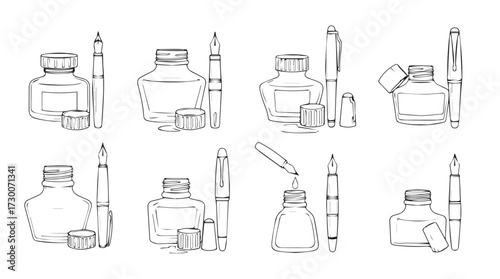 Collection of vintage ink bottles and fountain pens hand drawn sketch style on vector