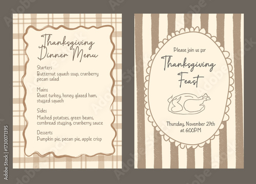 Whimsical thanksgiving dinner menu template on plaid patterned background and festive thanksgiving feast with doodle roasted turkey on striped background. Seasonal autumn holiday party design. Vector.