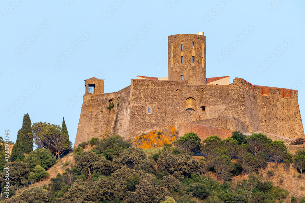 Fototapeta premium Old fortress in Collioure, narrow streets and yellow, pink, orange houses, summer vacation destination town with historical buidings and beaches, Pyrenees-Orientales, France