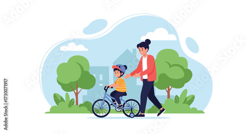 Adobe illustrator artwork vector illustration: A mother teaches her daughter to ride a bicycle in a park, embodying family moments, outdoor activities, and childhood learning, perfect for parenting