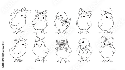 Cute baby chicks collection adorable easter spring cartoon line art elements vector