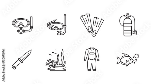 Collection of hand drawn scuba diving equipment and underwater life icons for ocean exploration adventure vector