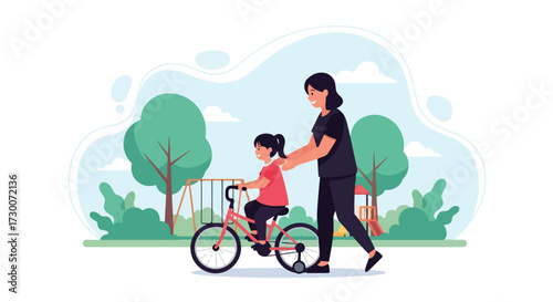 Adobe illustrator artwork vector illustration: A mother teaches her daughter to ride a bicycle in a park, embodying family moments, outdoor activities, and childhood learning, perfect for parenting