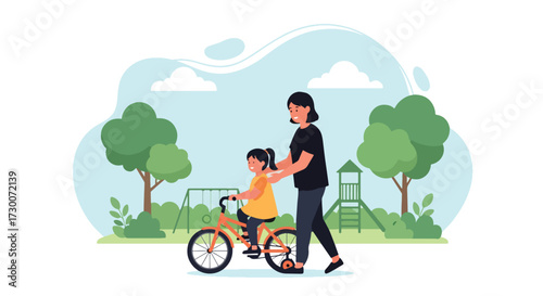 Adobe illustrator artwork vector illustration: A mother teaches her daughter to ride a bicycle in a park, embodying family moments, outdoor activities, and childhood learning, perfect for parenting