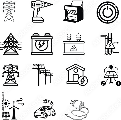 Electricity line icon set. Energy - vector set of linear icons. Electric tower icon set. Energy, power linear icon set. Electricity line icon set. Light bulb icon vector set Electricity Tracking Icons