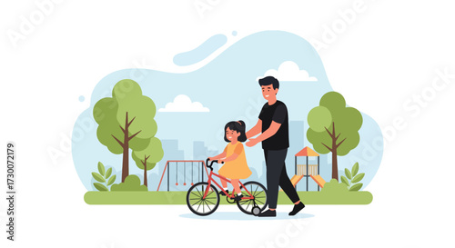 Adobe illustrator artwork vector illustration: A cheerful father teaches his daughter to ride a bicycle in a park-like setting, highlighting family bonding, outdoor fun, and childhood development
