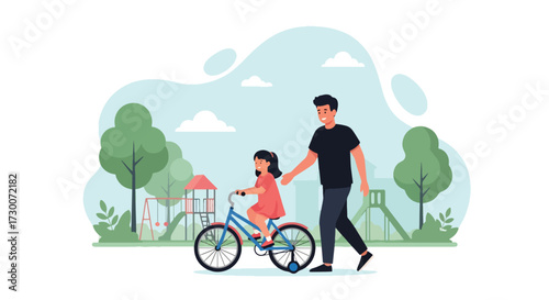 Adobe illustrator artwork vector illustration: A cheerful father teaches his daughter to ride a bicycle in a park-like setting, highlighting family bonding, outdoor fun, and childhood development