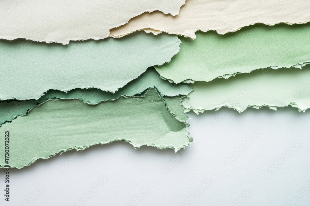 Fototapeta premium Layered pieces of torn paper in muted greens and creams create a serene and textured design.
