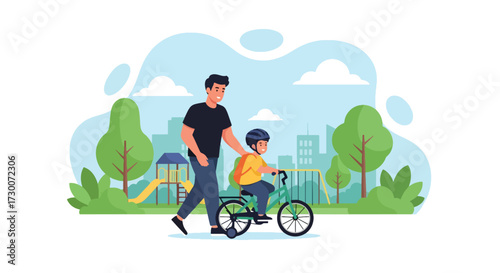 Adobe illustrator artwork vector illustration: A cheerful father teaches his daughter to ride a bicycle in a park-like setting, highlighting family bonding, outdoor fun, and childhood development