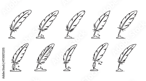 Collection of ten hand drawn quill pens ink writing tools sketch artistic vintage style vector