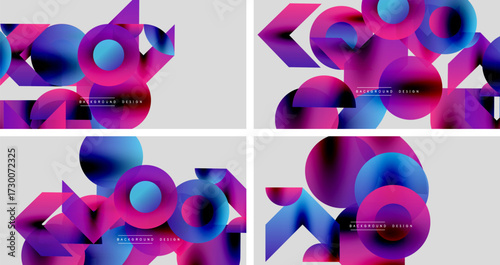 Abstract geometric designs. Vivid purple, blue gradients create modern backgrounds. Overlapping circles, triangles form dynamic compositions.