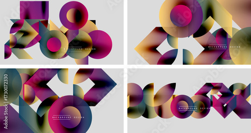 Abstract geometric designs. Colorful gradients, circles, hexagons create modern backgrounds. Minimalist style, vibrant hues, dynamic composition.