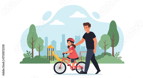 Adobe illustrator artwork vector illustration: A cheerful father teaches his daughter to ride a bicycle in a park-like setting, highlighting family bonding, outdoor fun, and childhood development