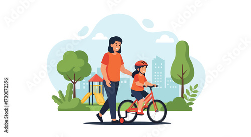 Adobe illustrator artwork vector illustration: A mother teaches her daughter to ride a bicycle in a park, embodying family moments, outdoor activities, and childhood learning, perfect for parenting