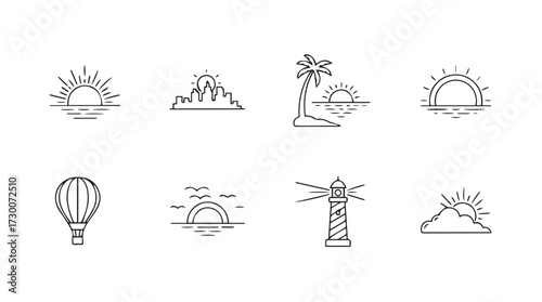 Collection of hand drawn beach island lighthouse hot air balloon and sunset icons for travel and vacation vector