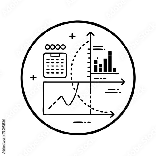 Vector art of a black and white infographic icon representing data analysis and financial growth, featuring charts, graphs, and a calculator