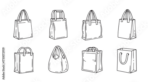 Collection of hand-drawn sketch style tote bags and shopping bags for fashion design vector