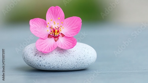Pink Blossom on Gray Stone, Peaceful Image