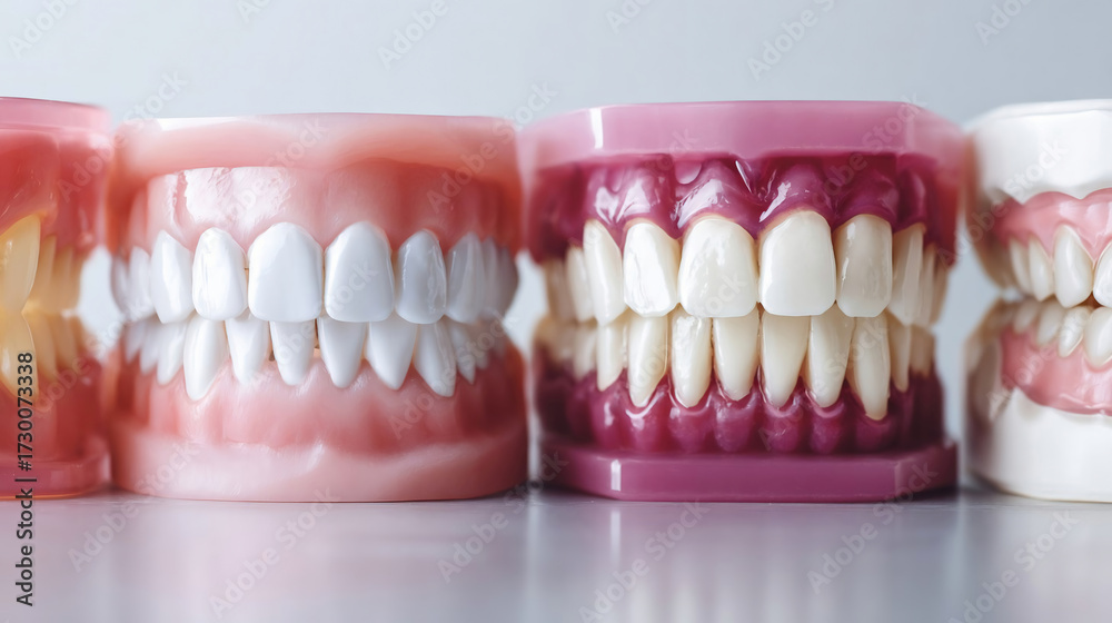 Obraz premium Dentistry background, dental care, hygiene. Oral health, teeth preventive care. Orthodontics banner, implants surgery, dental cleaning, treatments. Dental medicine, cosmetic dentistry