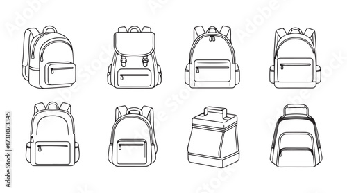 Collection of diverse backpack styles hand-drawn sketch set school travel outdoor gear vector