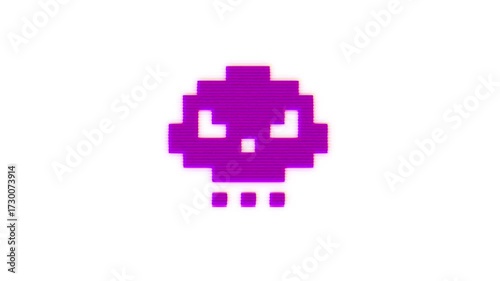 Pixelated human skull symbol glowing with distortions and glitch effects