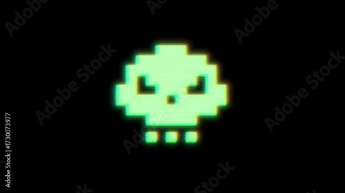 Pixelated human skull symbol glowing with distortions and glitch effects