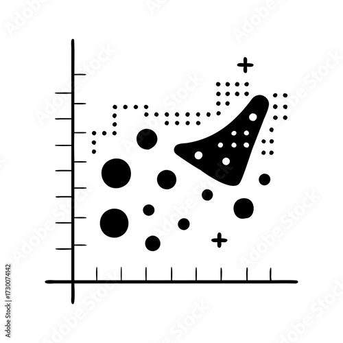 Vector art of abstract scatter plot with data points and trend line, representing statistical analysis and visualization