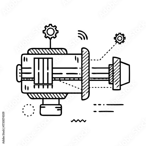 Vector art of a line art illustration of a mechanical device with gears and wireless signals
