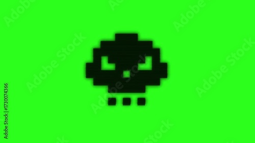 Pixelated human skull symbol glowing with distortions and glitch effects