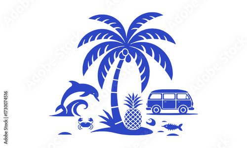 A vibrant and clean vector illustration inspired by a tropical beach lifestyle,surf-themed elements such as palm trees, pineapples, waves, sunbursts, surfboards, marine life, easily editable.