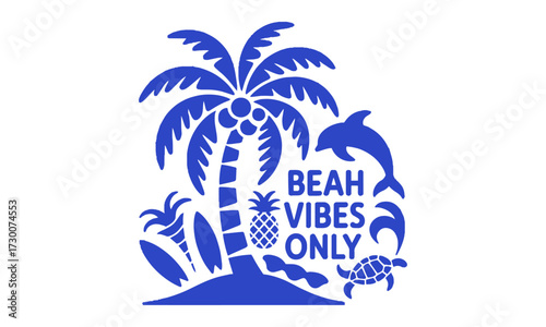 A vibrant and clean vector illustration inspired by a tropical beach lifestyle,surf-themed elements such as palm trees, pineapples, waves, sunbursts, surfboards, marine life, easily editable.