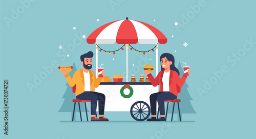Adobe illustrator artwork vector illustration: Happy couple enjoys festive hot dogs and burgers at a decorated Christmas market food stall, perfect for holiday season, winter celebrations, and street 