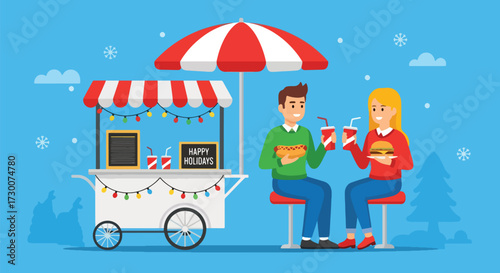 Adobe illustrator artwork vector illustration Happy couple enjoys festive hot dogs and burgers at a decorated Christmas market food stall, perfect for holiday season, winter celebrations
