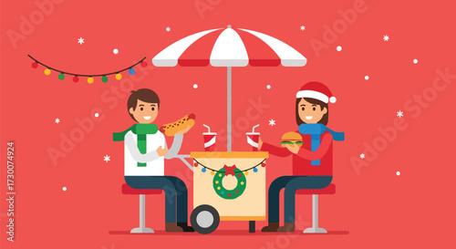 Adobe illustrator artwork vector illustration Happy couple enjoys festive hot dogs and burgers at a decorated Christmas market food stall, perfect for holiday season, winter celebrations
