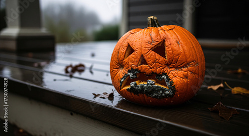 Sad, rotting jack-o'-lantern with mold, forgotten on a wet porch on a gloomy, rainy autumn day. Atmospheric after Halloween concept. Moody banner background with copy space for text.