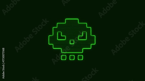 Pixelated human skull symbol glowing with distortions and glitch effects