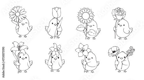 Adorable hand-drawn sketched characters featuring cute animals holding flowers and whimsical elements vector
