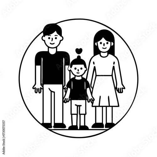 Illustration of a family, including a father, mother, and child, standing together simple and modern design